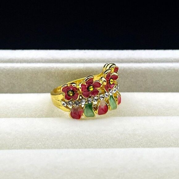Yellow Gold with Citrine and Diamond Crystal Enamel Leaf and Flower Ring Size 6 - Picture 6 of 12